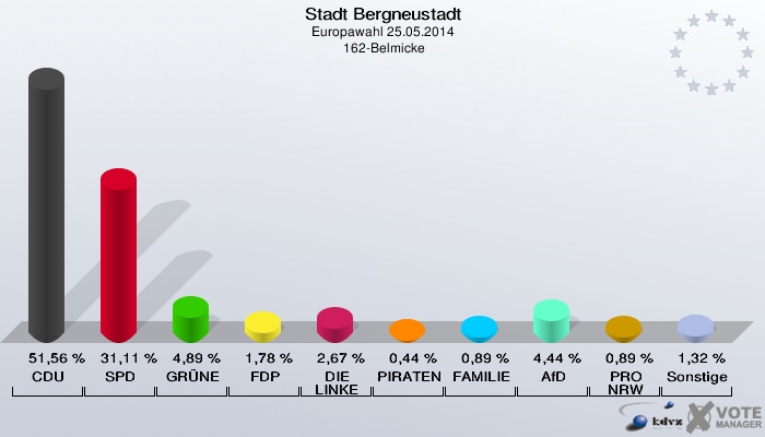 Stadt Bergneustadt, Europawahl 25.05.2014,  162-Belmicke: CDU: 51,56 %. SPD: 31,11 %. GRÜNE: 4,89 %. FDP: 1,78 %. DIE LINKE: 2,67 %. PIRATEN: 0,44 %. FAMILIE: 0,89 %. AfD: 4,44 %. PRO NRW: 0,89 %. Sonstige: 1,32 %. 