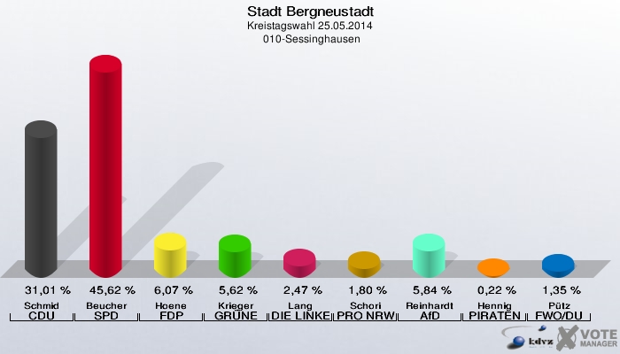 Stadt Bergneustadt, Kreistagswahl 25.05.2014,  010-Sessinghausen: Schmid CDU: 31,01 %. Beucher SPD: 45,62 %. Hoene FDP: 6,07 %. Krieger GRÜNE: 5,62 %. Lang DIE LINKE: 2,47 %. Schori PRO NRW: 1,80 %. Reinhardt AfD: 5,84 %. Hennig PIRATEN: 0,22 %. Pütz FWO/DU: 1,35 %. 
