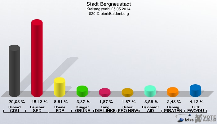 Stadt Bergneustadt, Kreistagswahl 25.05.2014,  020-Dreiort/Baldenberg: Schmid CDU: 29,03 %. Beucher SPD: 45,13 %. Hoene FDP: 8,61 %. Krieger GRÜNE: 3,37 %. Lang DIE LINKE: 1,87 %. Schori PRO NRW: 1,87 %. Reinhardt AfD: 3,56 %. Hennig PIRATEN: 2,43 %. Pütz FWO/DU: 4,12 %. 