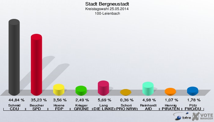 Stadt Bergneustadt, Kreistagswahl 25.05.2014,  100-Leienbach: Schmid CDU: 44,84 %. Beucher SPD: 35,23 %. Hoene FDP: 3,56 %. Krieger GRÜNE: 2,49 %. Lang DIE LINKE: 5,69 %. Schori PRO NRW: 0,36 %. Reinhardt AfD: 4,98 %. Hennig PIRATEN: 1,07 %. Pütz FWO/DU: 1,78 %. 