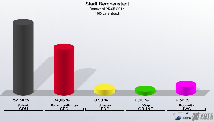 Stadt Bergneustadt, Ratswahl 25.05.2014,  100-Leienbach: Schmid CDU: 52,54 %. Parkunantharan SPD: 34,06 %. Jansen FDP: 3,99 %. Döpp GRÜNE: 2,90 %. Bosewitz UWG: 6,52 %. 